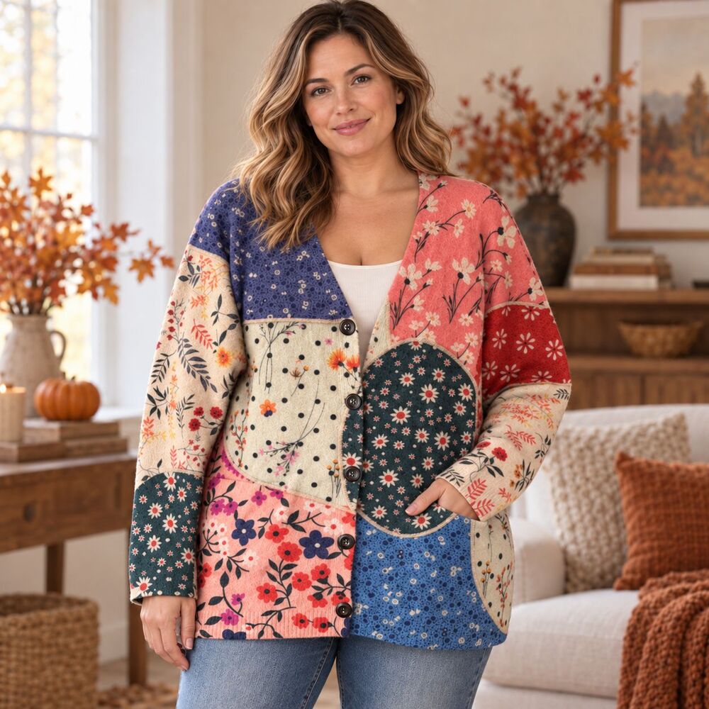 YESNO Floral Patchwork Cardigan XXL Cotton Wool Sweater Boho Cottagecore Pockets